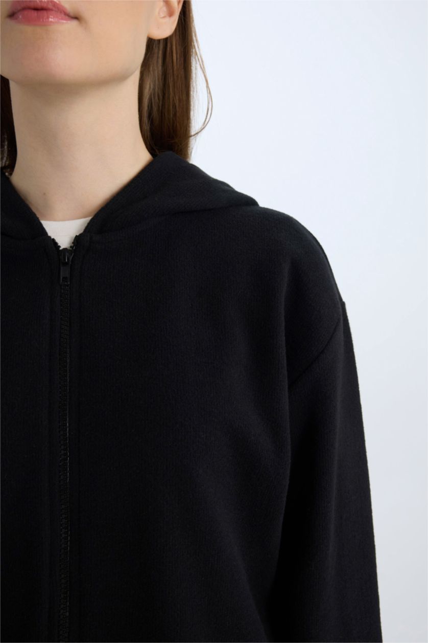 Kadın Siyah Kapüşonlu Basic Düz Fermuarlı Cepli Selanik Kumaş Uzun Triko Hırka