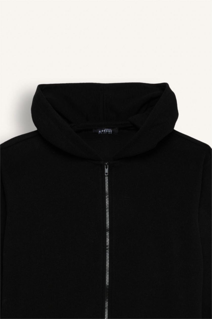 Kadın Siyah Kapüşonlu Basic Düz Fermuarlı Cepli Selanik Kumaş Uzun Triko Hırka