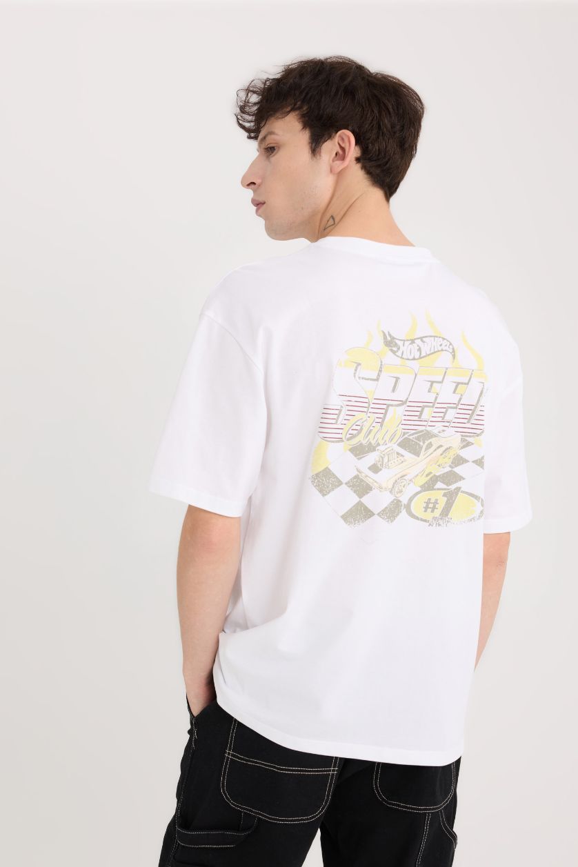 MAN White Boxy Fit Hot Wheels Licensed Crew Neck Printed Short Sleeve T-Shirt