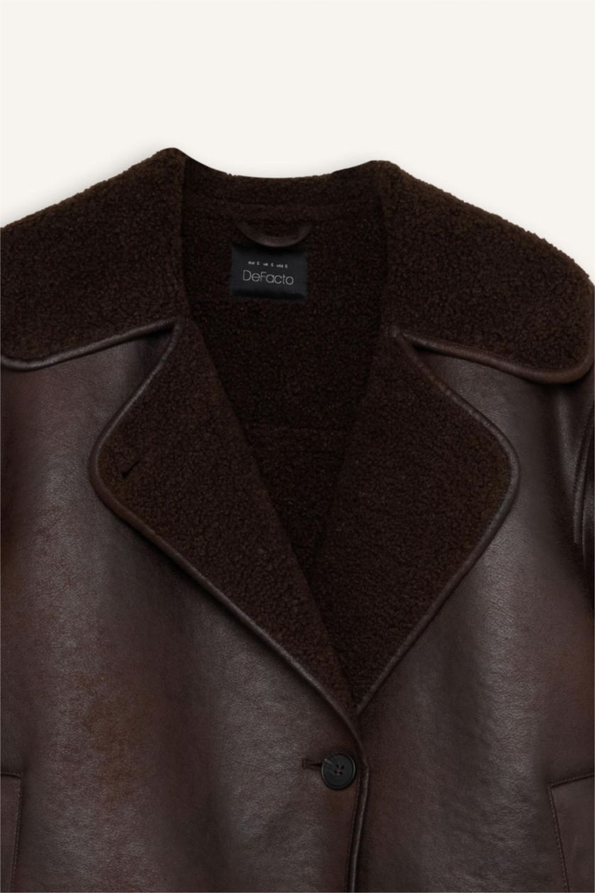 Kadın Koyu Kahve Polo Yaka Pelüş Düğmeli Cepli Astarlı Mevsimlik Suni Deri Ceket Mont