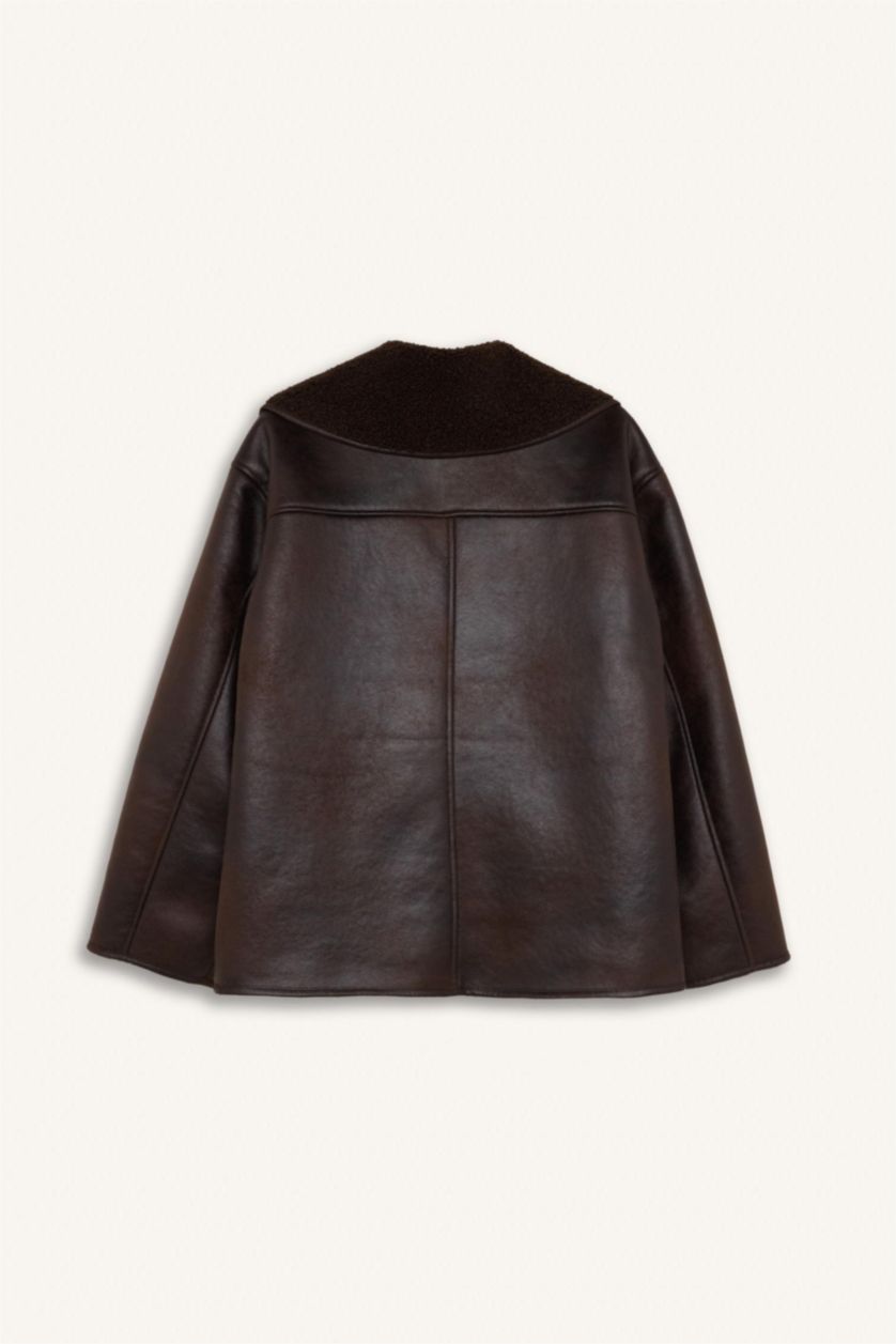 Kadın Koyu Kahve Polo Yaka Pelüş Düğmeli Cepli Astarlı Mevsimlik Suni Deri Ceket Mont