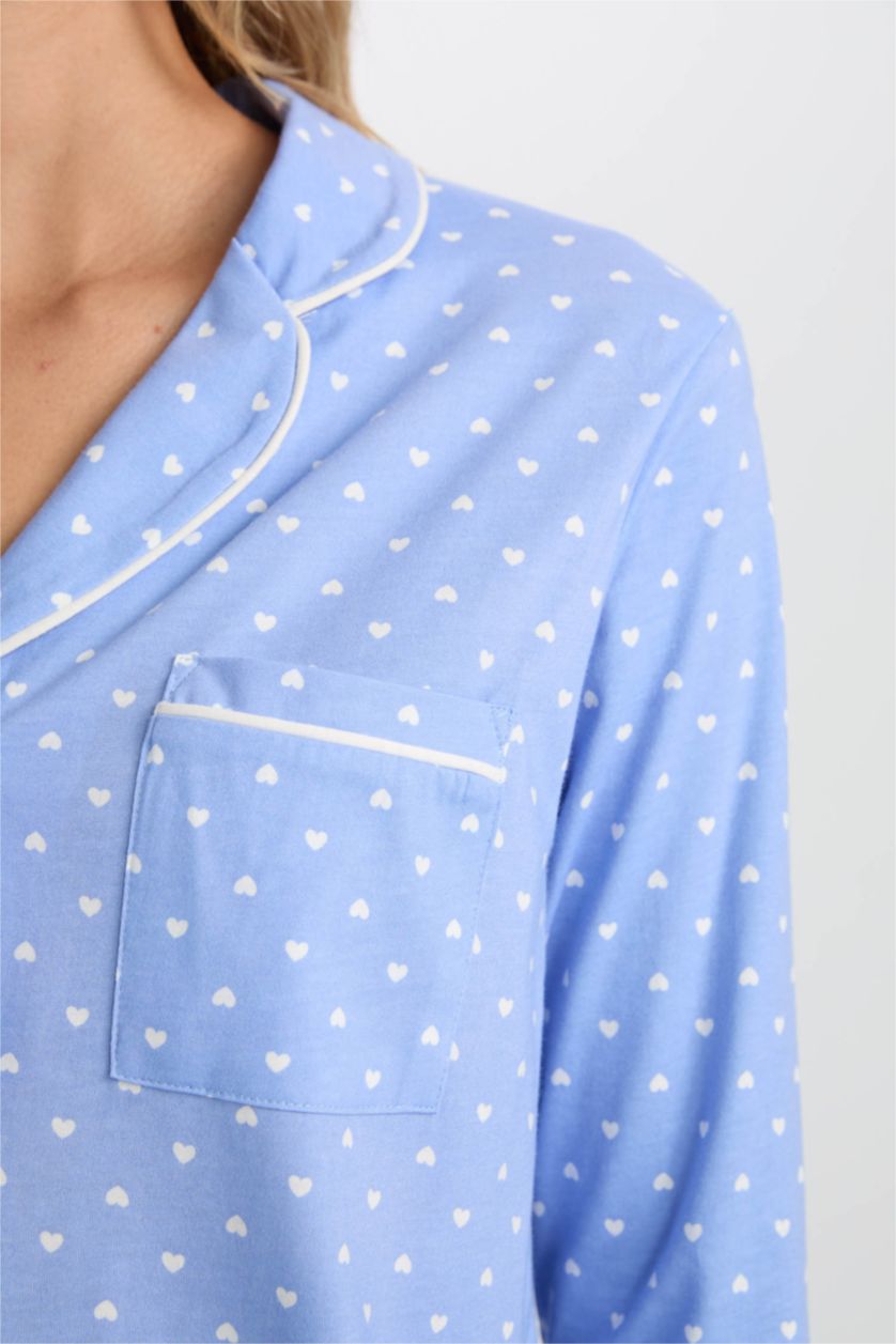 Kadın Mavi Pijama Takımı Puantiyeli Uzun Kollu Üst Beli Lastikli Alt-Fall in Love 