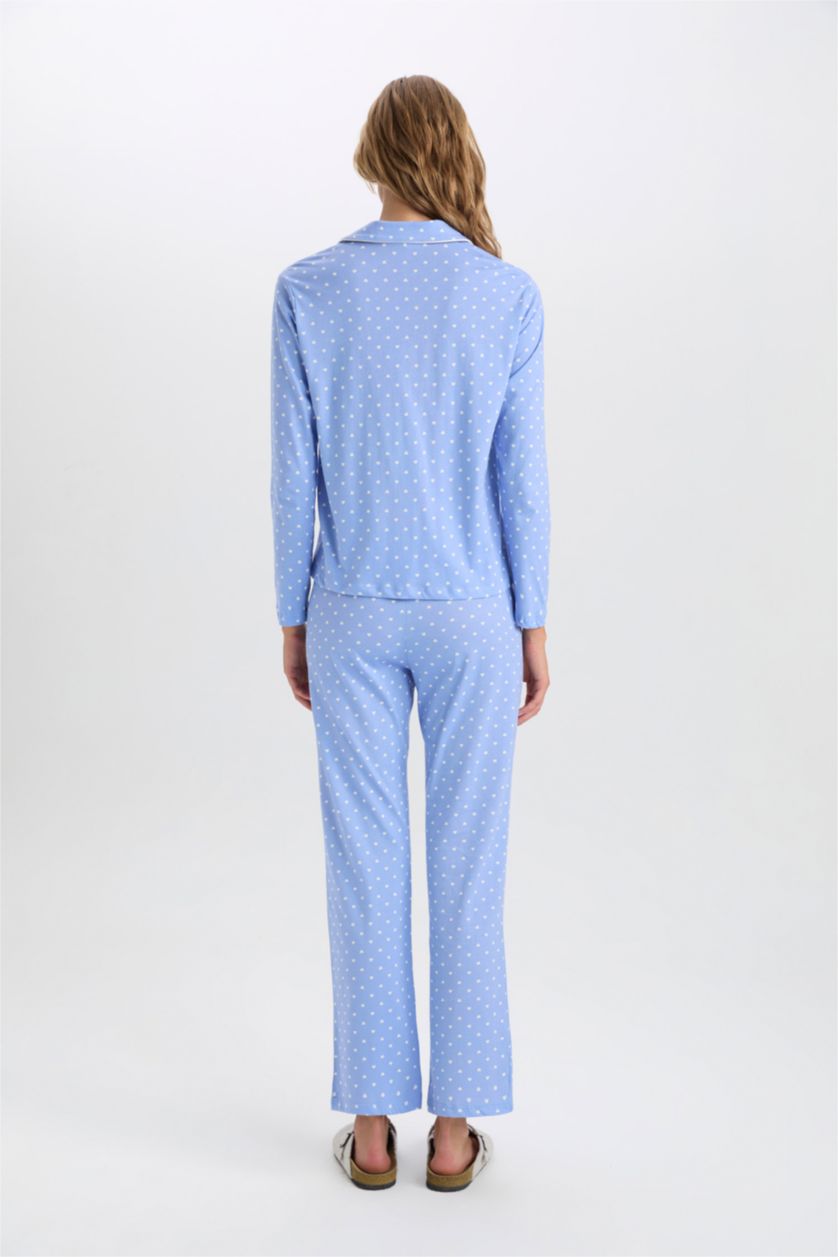 Kadın Mavi Pijama Takımı Puantiyeli Uzun Kollu Üst Beli Lastikli Alt-Fall in Love 