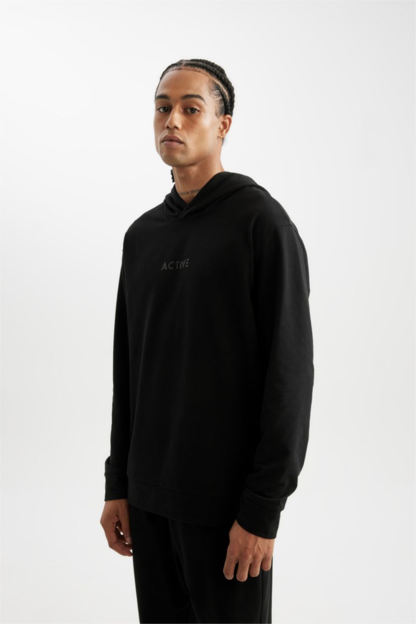 Erkek Siyah Standart Fıt Kapüşonlu Baskılı Sporcu Sweatshirt