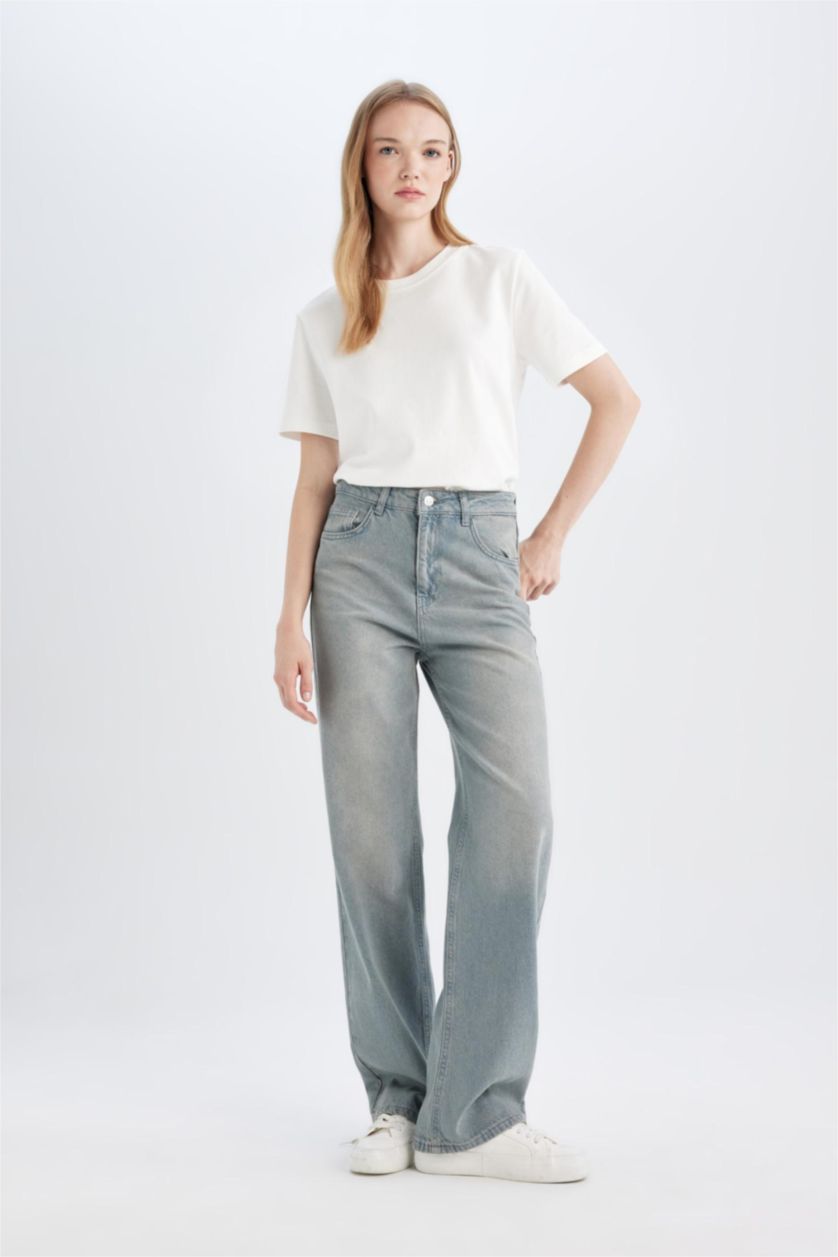 Kadın Gri 90's Wide Leg Yüksek Bel Uzun Jean Yıkamalı Pantolon