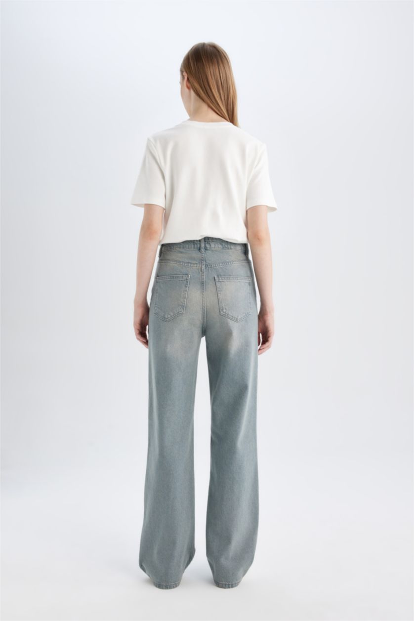 Kadın Gri 90's Wide Leg Yüksek Bel Uzun Jean Yıkamalı Pantolon