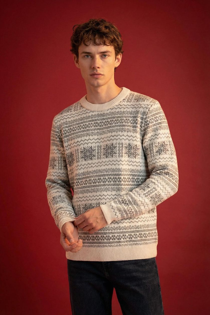 HOMME Écru Pull en Tricot à thème de Noël Coupe standard