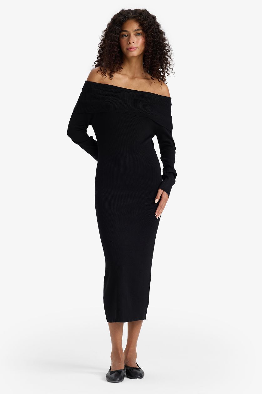 Kadın Kahve Fitted Açık Omuz Ribana Uzun Kollu Midi Elbise