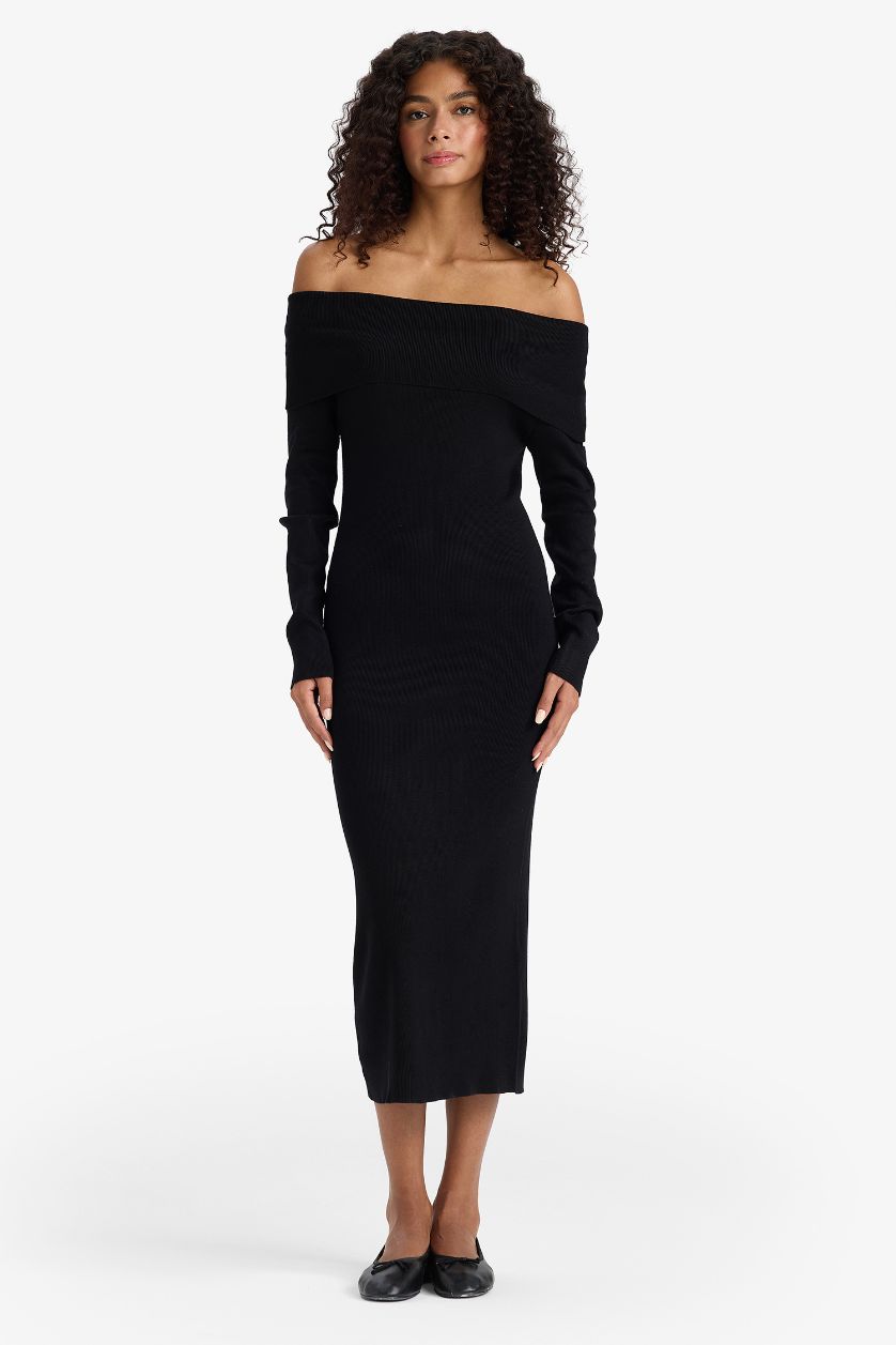 Kadın Kahve Fitted Açık Omuz Ribana Uzun Kollu Midi Elbise