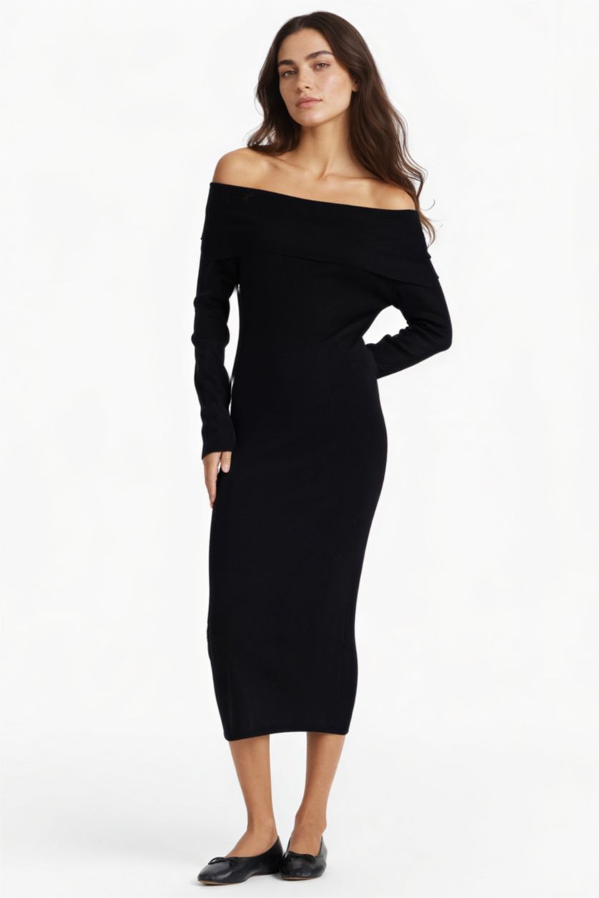 Женщины Коричневый Платье с длинными рукавами и открытыми плечами Fitted Ribana Midi