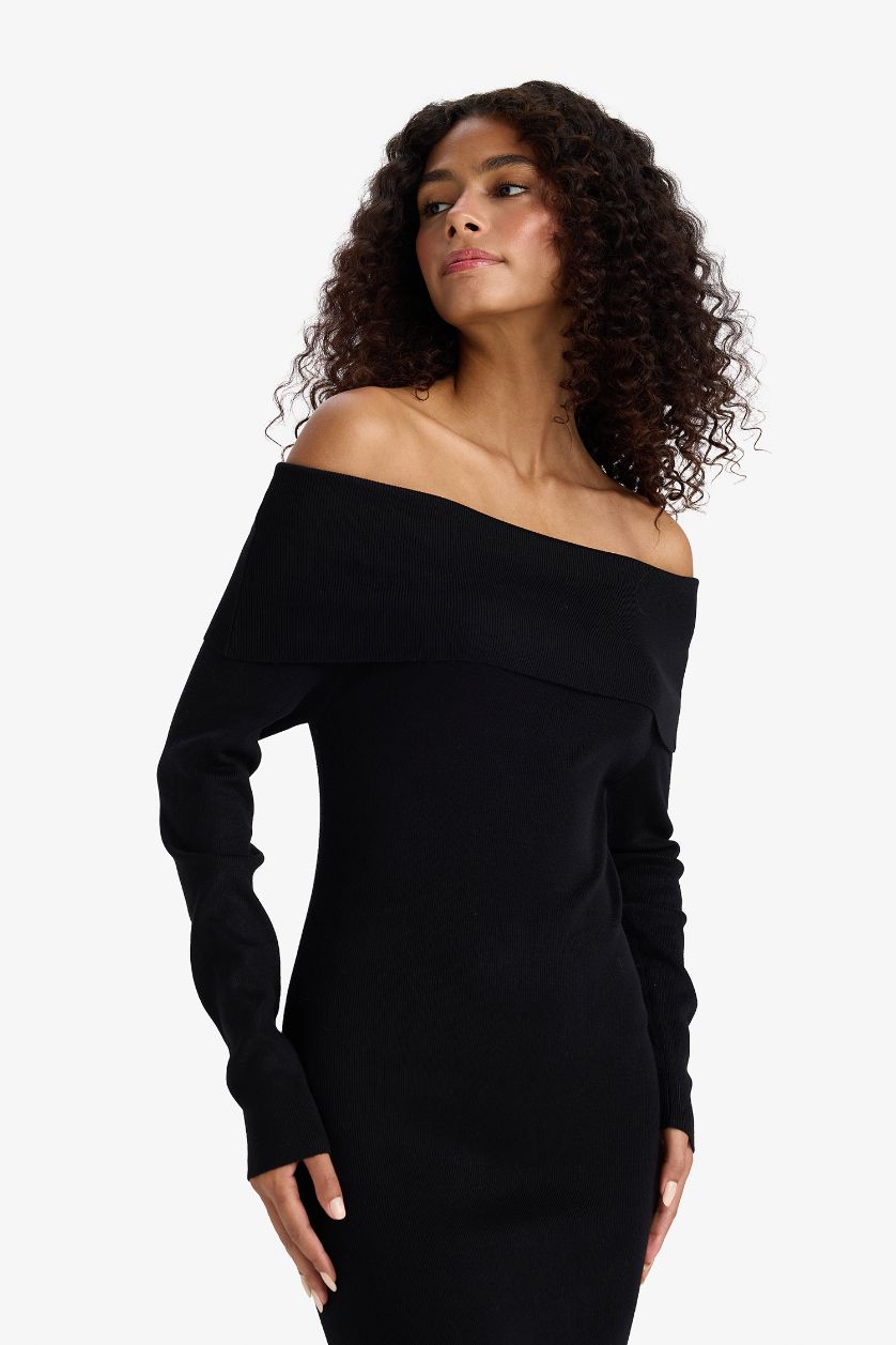 Kadın Kahve Fitted Açık Omuz Ribana Uzun Kollu Midi Elbise