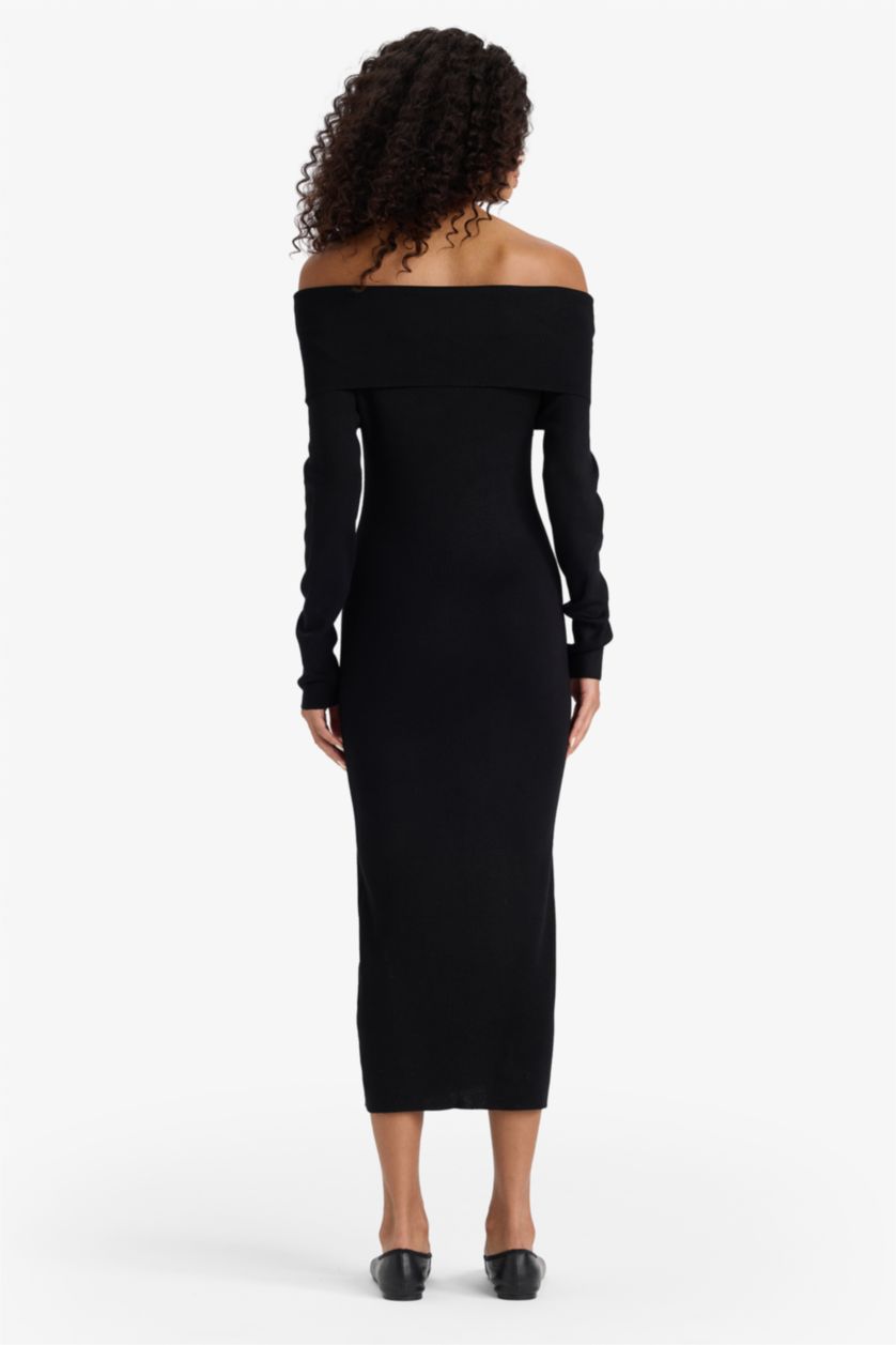 Kadın Kahve Fitted Açık Omuz Ribana Uzun Kollu Midi Elbise