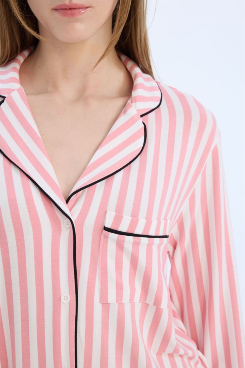 Kadın Gülkurusu Pijama Takımı Çizgili Uzun Kollu Üst Beli Lastikli Uzun Alt