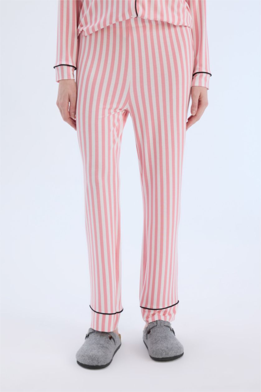 Kadın Gülkurusu Pijama Takımı Çizgili Uzun Kollu Üst Beli Lastikli Uzun Alt