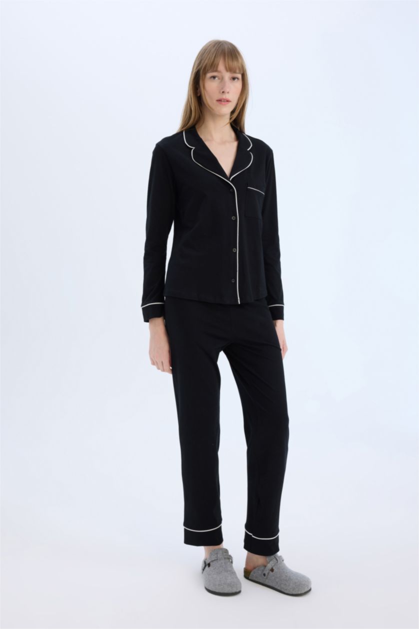 Kadın Siyah Pijama Takımı Uzun Kollu Üst Beli Lastikli Uzun Alt