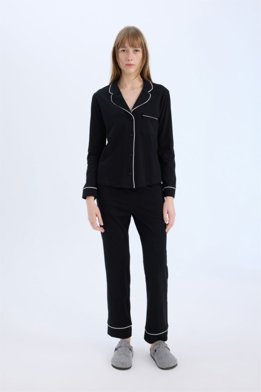 Kadın Siyah Pijama Takımı Uzun Kollu Üst Beli Lastikli Uzun Alt