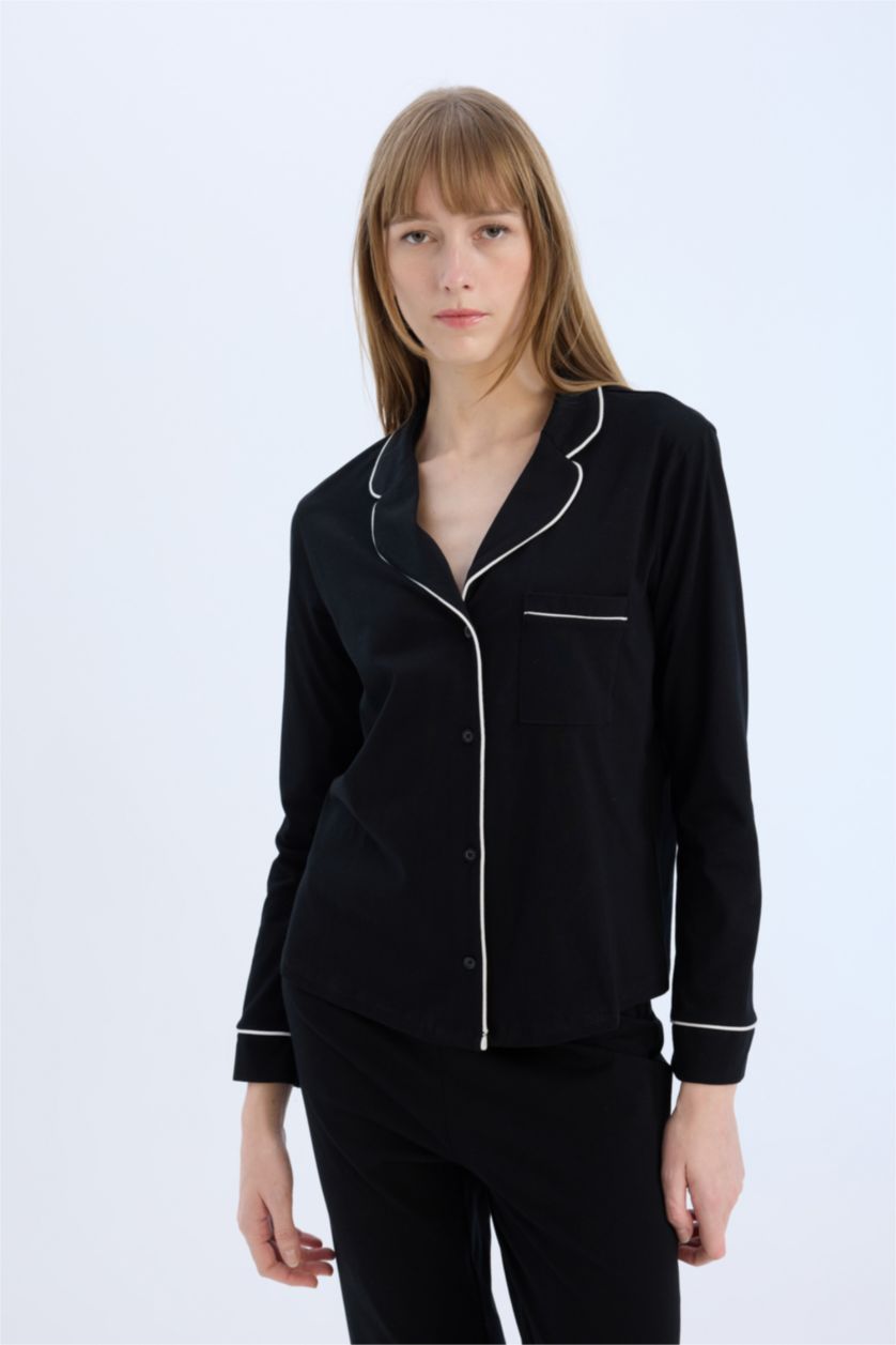 Kadın Siyah Pijama Takımı Uzun Kollu Üst Beli Lastikli Uzun Alt