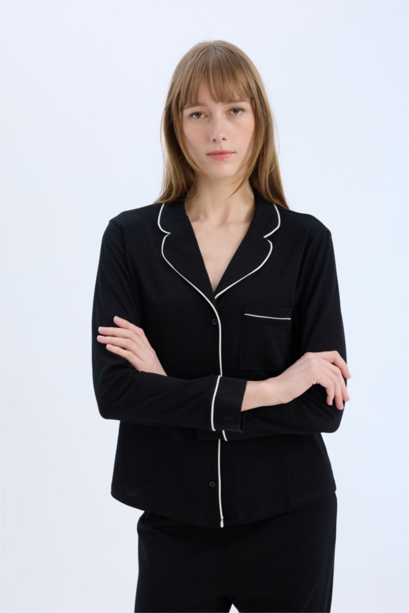 Kadın Siyah Pijama Takımı Uzun Kollu Üst Beli Lastikli Uzun Alt