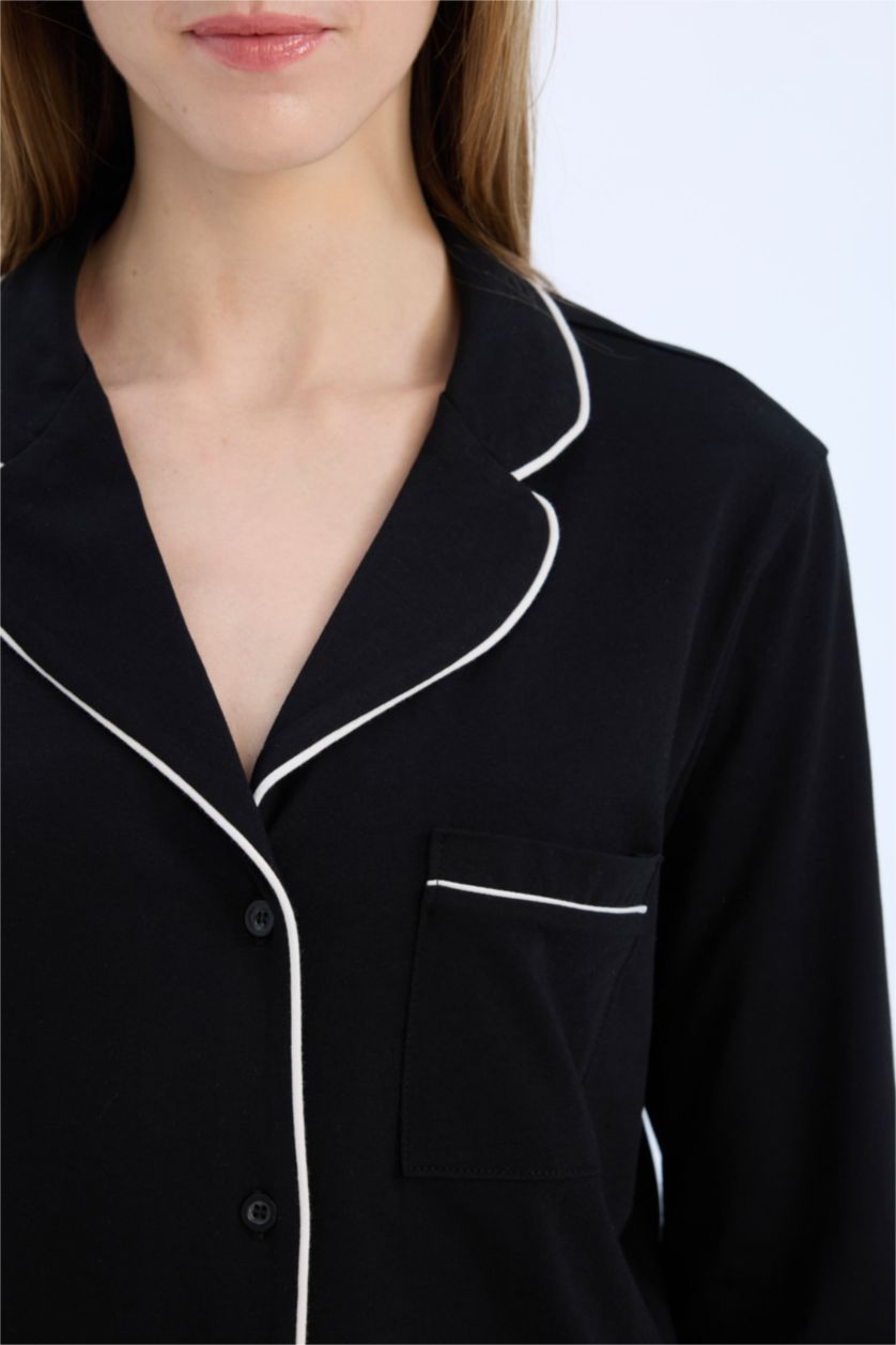 Kadın Siyah Pijama Takımı Uzun Kollu Üst Beli Lastikli Uzun Alt