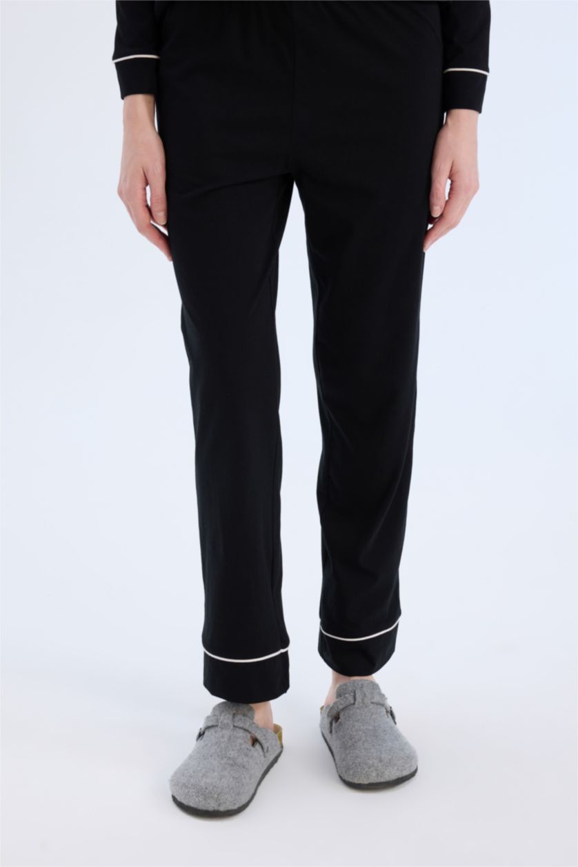 Kadın Siyah Pijama Takımı Uzun Kollu Üst Beli Lastikli Uzun Alt