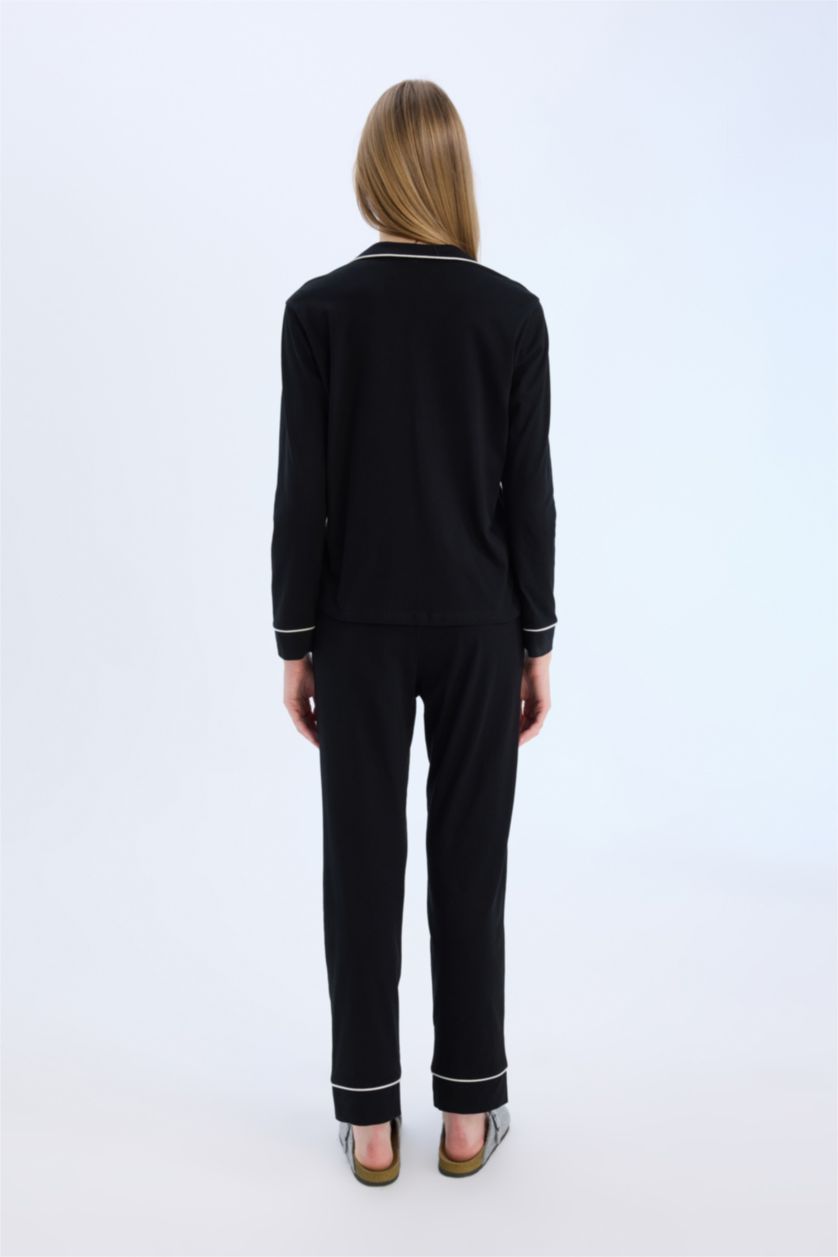 Kadın Siyah Pijama Takımı Uzun Kollu Üst Beli Lastikli Uzun Alt