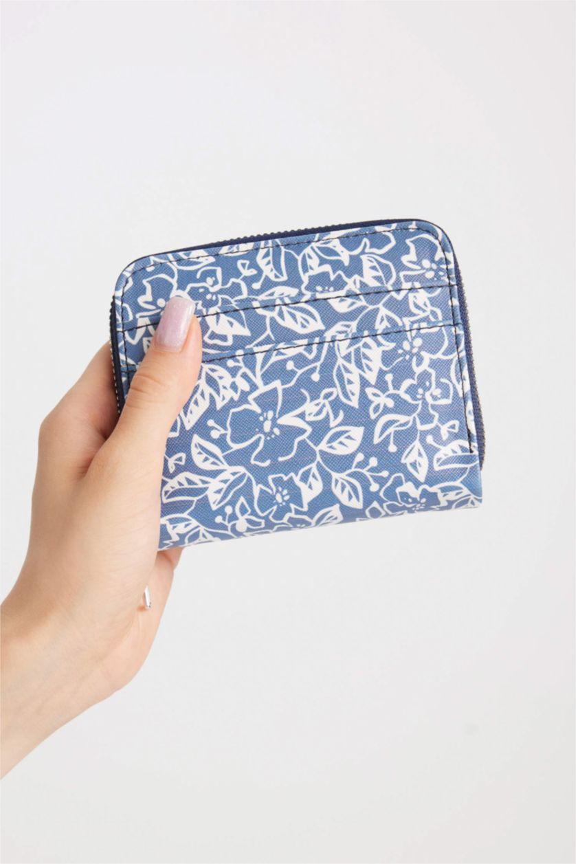 Kadın Mavi Kadın Çiçek Desenli Suni Deri Cüzdan