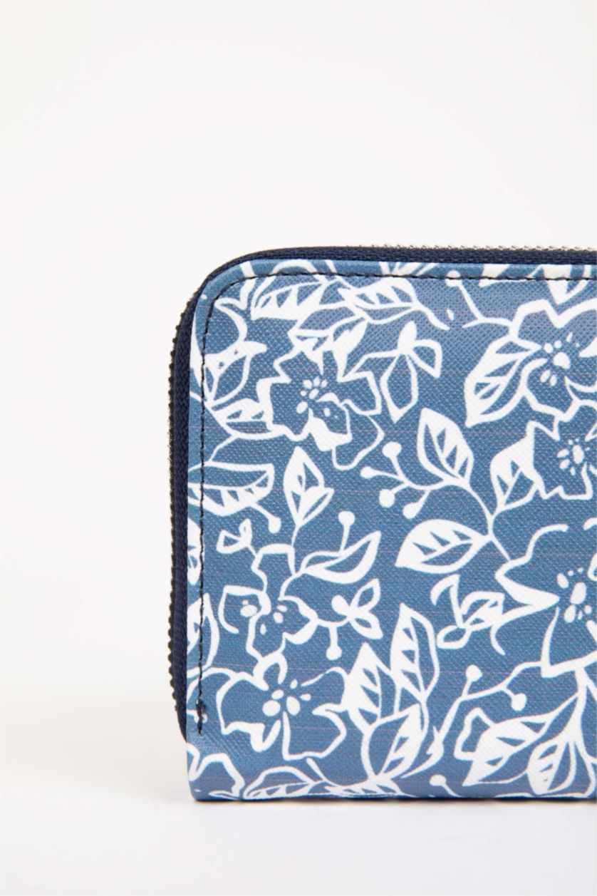 Kadın Mavi Kadın Çiçek Desenli Suni Deri Cüzdan