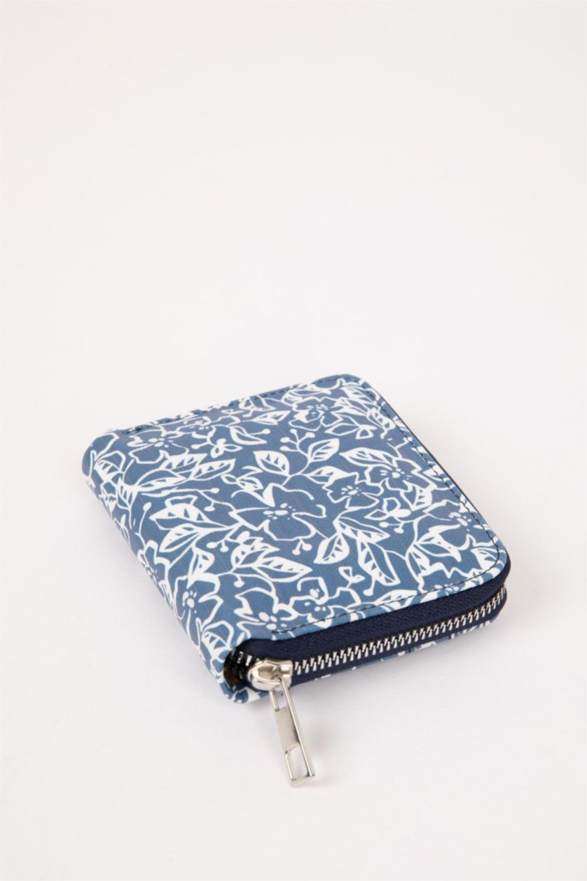 Kadın Mavi Kadın Çiçek Desenli Suni Deri Cüzdan