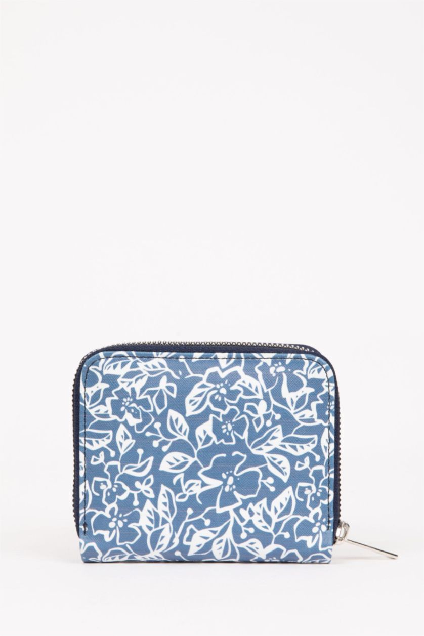 Kadın Mavi Kadın Çiçek Desenli Suni Deri Cüzdan