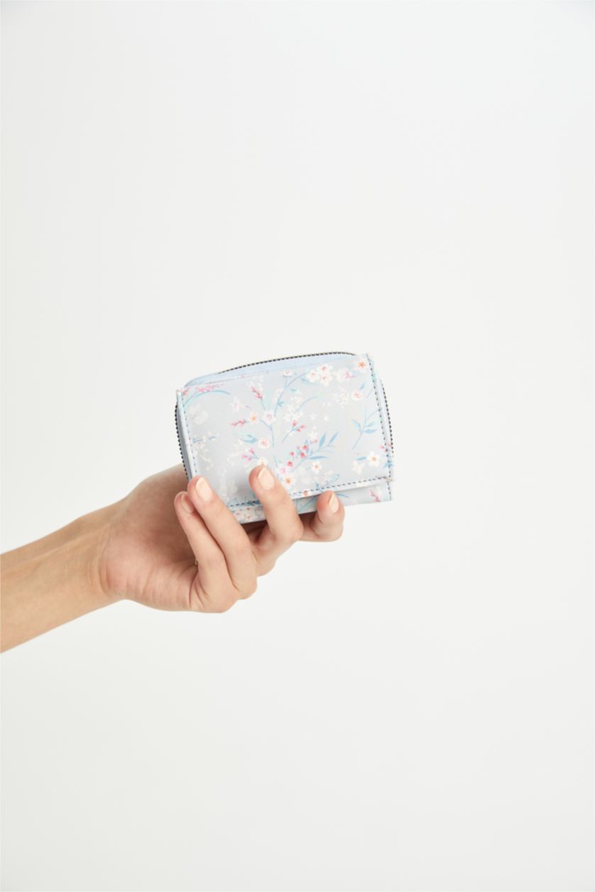 Kadın Mavi Kadın Çiçek Desenli Suni Deri Cüzdan