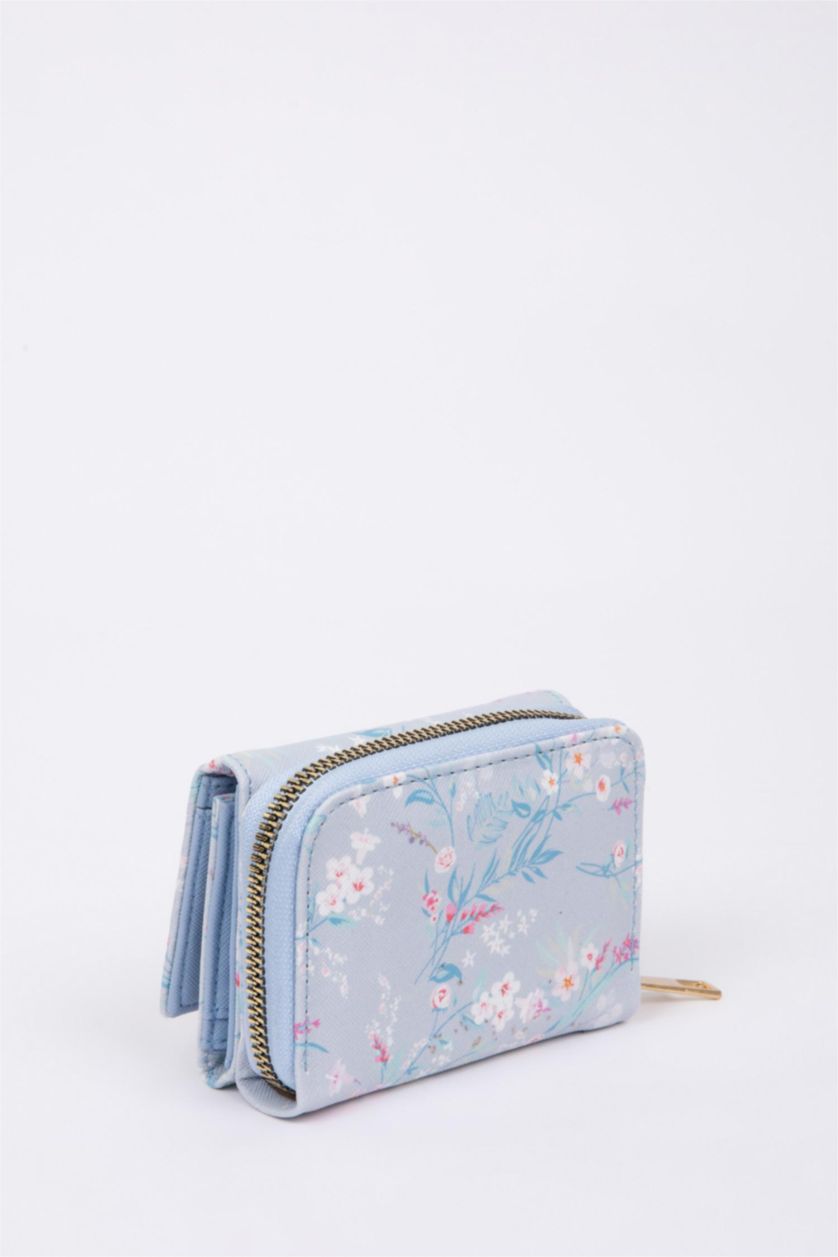 Kadın Mavi Kadın Çiçek Desenli Suni Deri Cüzdan
