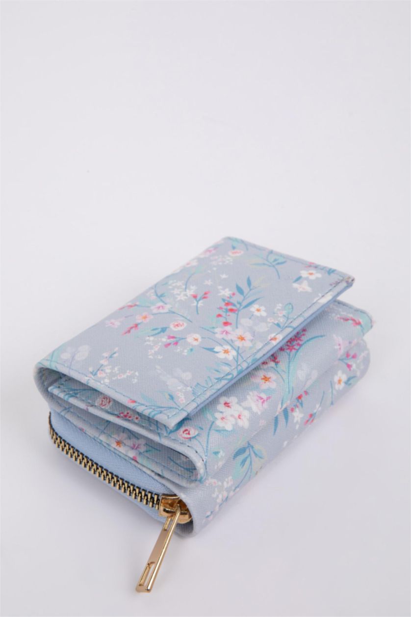 Kadın Mavi Kadın Çiçek Desenli Suni Deri Cüzdan