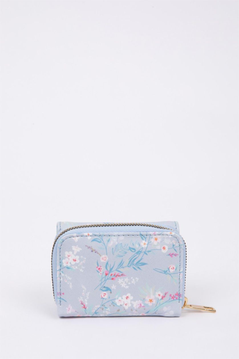 Kadın Mavi Kadın Çiçek Desenli Suni Deri Cüzdan