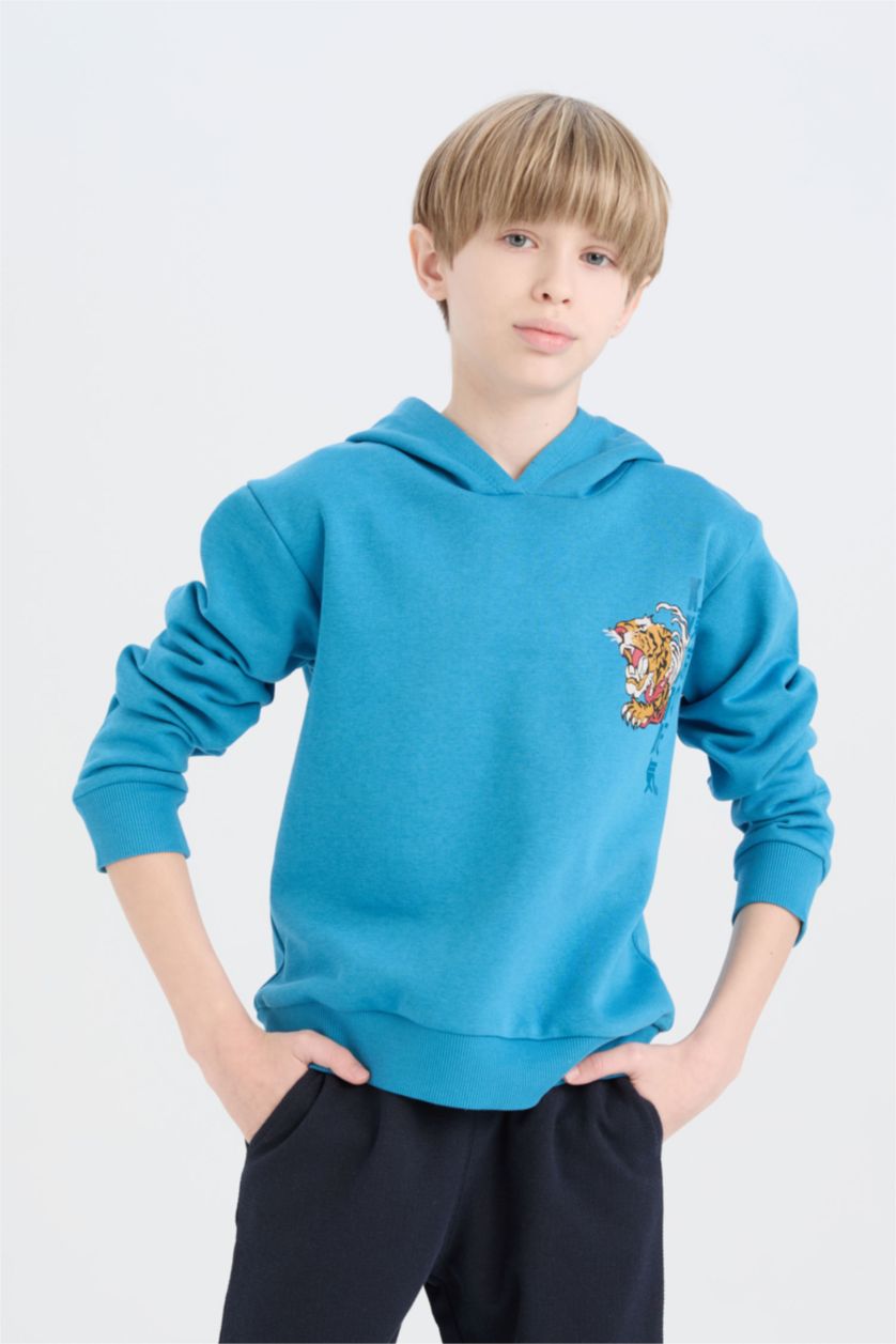 Erkek Çocuk - Genç Erkek Mavi Erkek Çocuk 2'li Takım Kapüşonlu Baskılı Sweatshirt Beli Lastikli Eşofman Altı