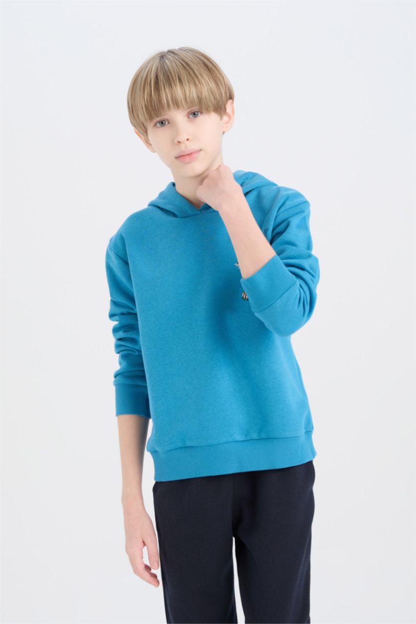 Erkek Çocuk - Genç Erkek Mavi Erkek Çocuk 2'li Takım Kapüşonlu Baskılı Sweatshirt Beli Lastikli Eşofman Altı