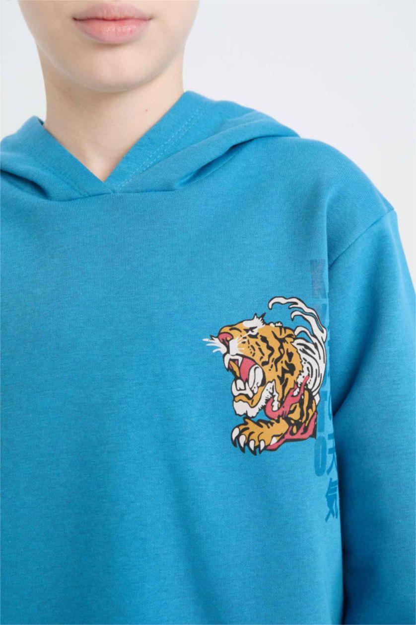 Erkek Çocuk - Genç Erkek Mavi Erkek Çocuk 2'li Takım Kapüşonlu Baskılı Sweatshirt Beli Lastikli Eşofman Altı