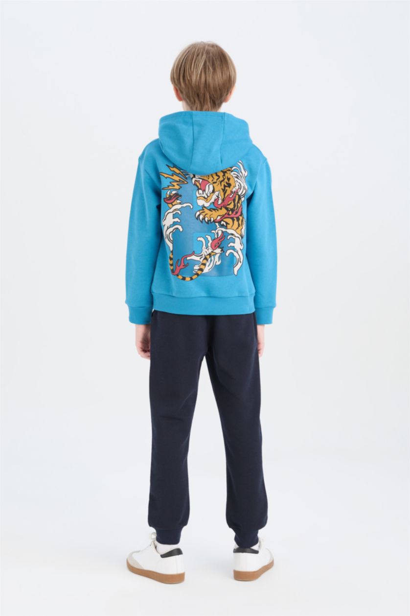 Erkek Çocuk - Genç Erkek Mavi Erkek Çocuk 2'li Takım Kapüşonlu Baskılı Sweatshirt Beli Lastikli Eşofman Altı