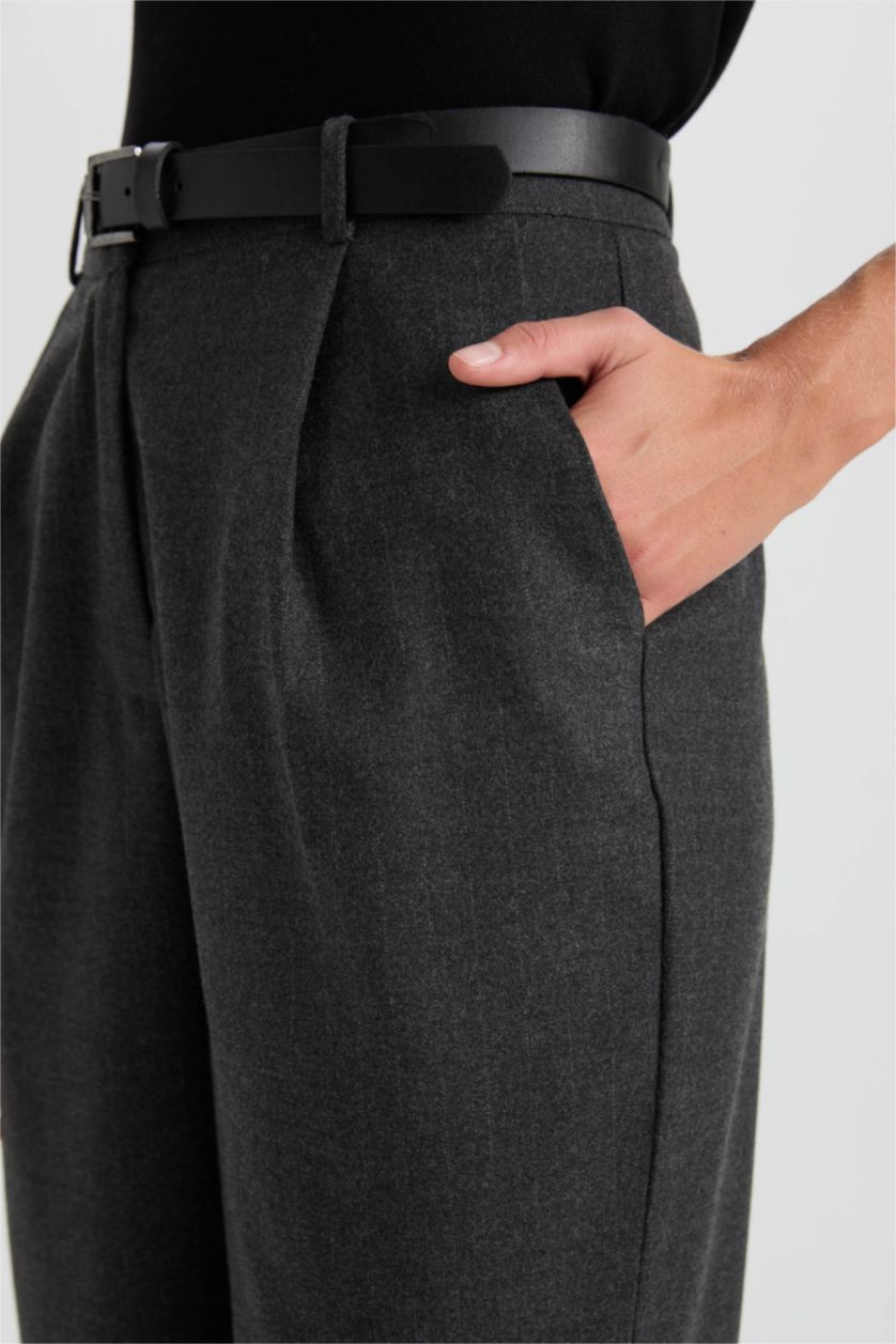 Kadın Antrasit Wide Leg Kışlık Pantolon Yüksek Bel Düz Paça