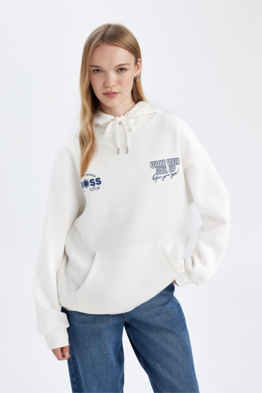 Kadın Kırık Beyaz Oversize Geniş Kalıp Kapüşonlu Sırt Baskılı Kalın Beyaz Sweatshirt