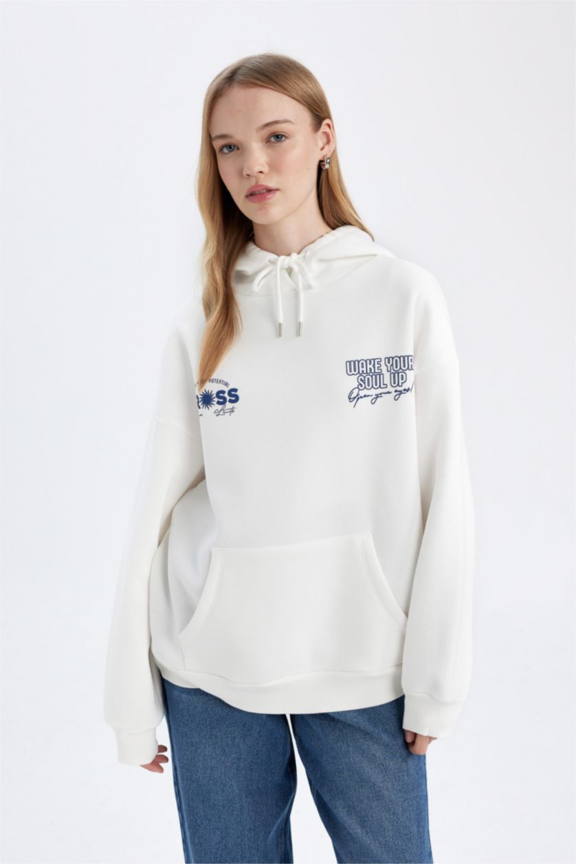 Kadın Kırık Beyaz Oversize Geniş Kalıp Kapüşonlu Sırt Baskılı Kalın Beyaz Sweatshirt