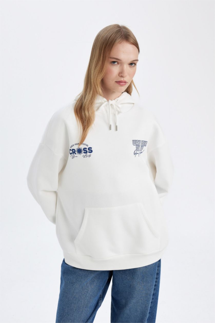 Kadın Kırık Beyaz Oversize Geniş Kalıp Kapüşonlu Sırt Baskılı Kalın Beyaz Sweatshirt