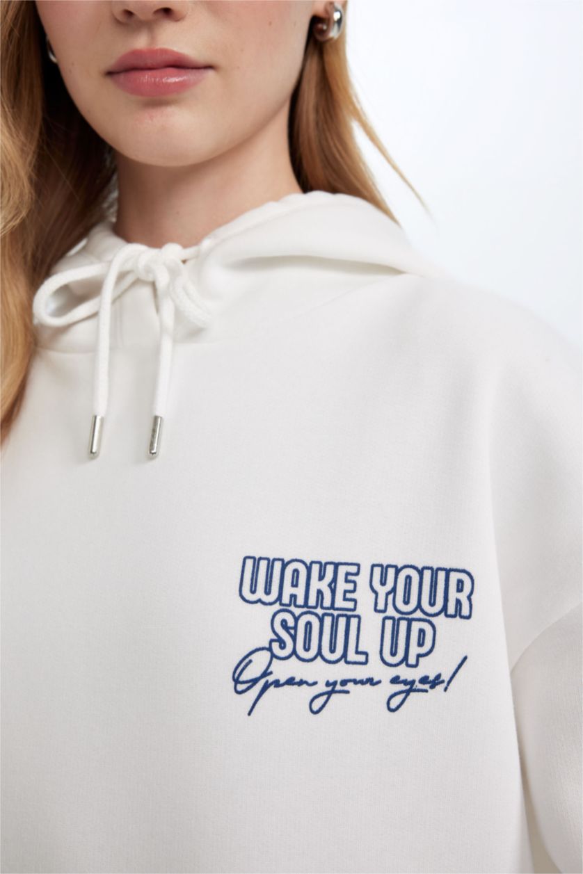 Kadın Kırık Beyaz Oversize Geniş Kalıp Kapüşonlu Sırt Baskılı Kalın Beyaz Sweatshirt