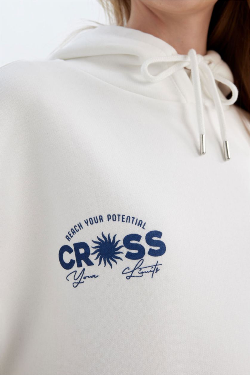 Kadın Kırık Beyaz Oversize Geniş Kalıp Kapüşonlu Sırt Baskılı Kalın Beyaz Sweatshirt