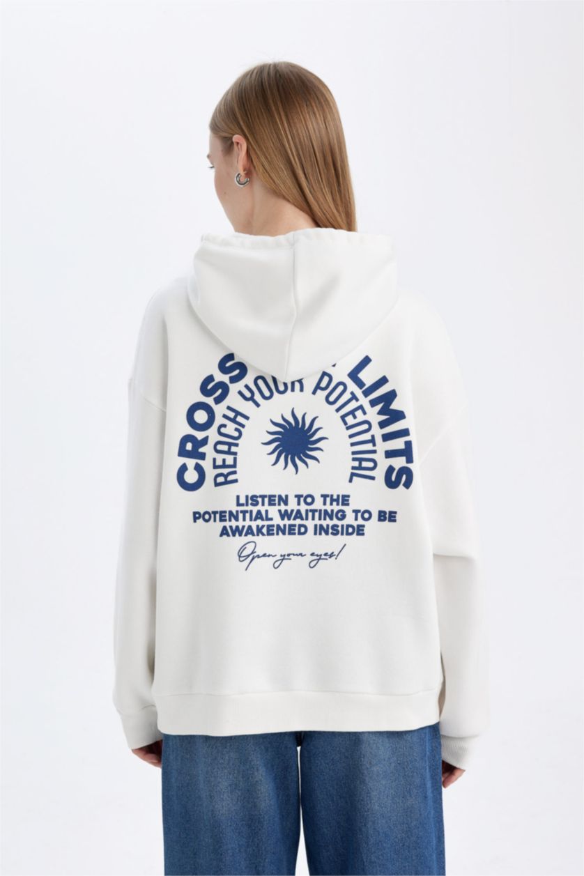 Kadın Kırık Beyaz Oversize Geniş Kalıp Kapüşonlu Sırt Baskılı Kalın Beyaz Sweatshirt