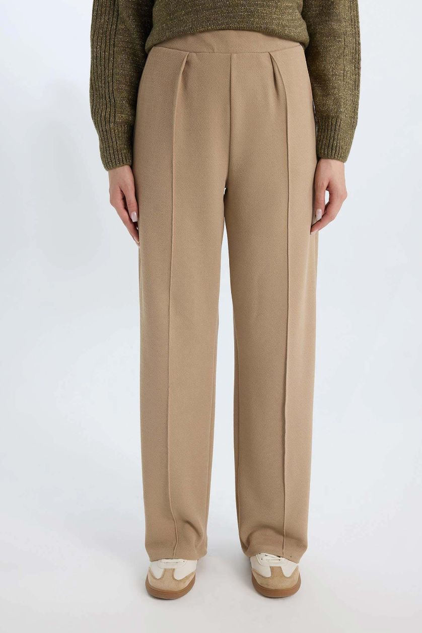 Kadın Vizon Relax Fit Beli Lastikli Basic Düz Krep Palazzo Pantolon