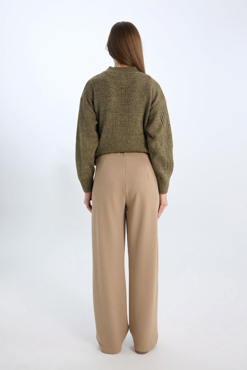 Kadın Vizon Relax Fit Beli Lastikli Basic Düz Krep Palazzo Pantolon