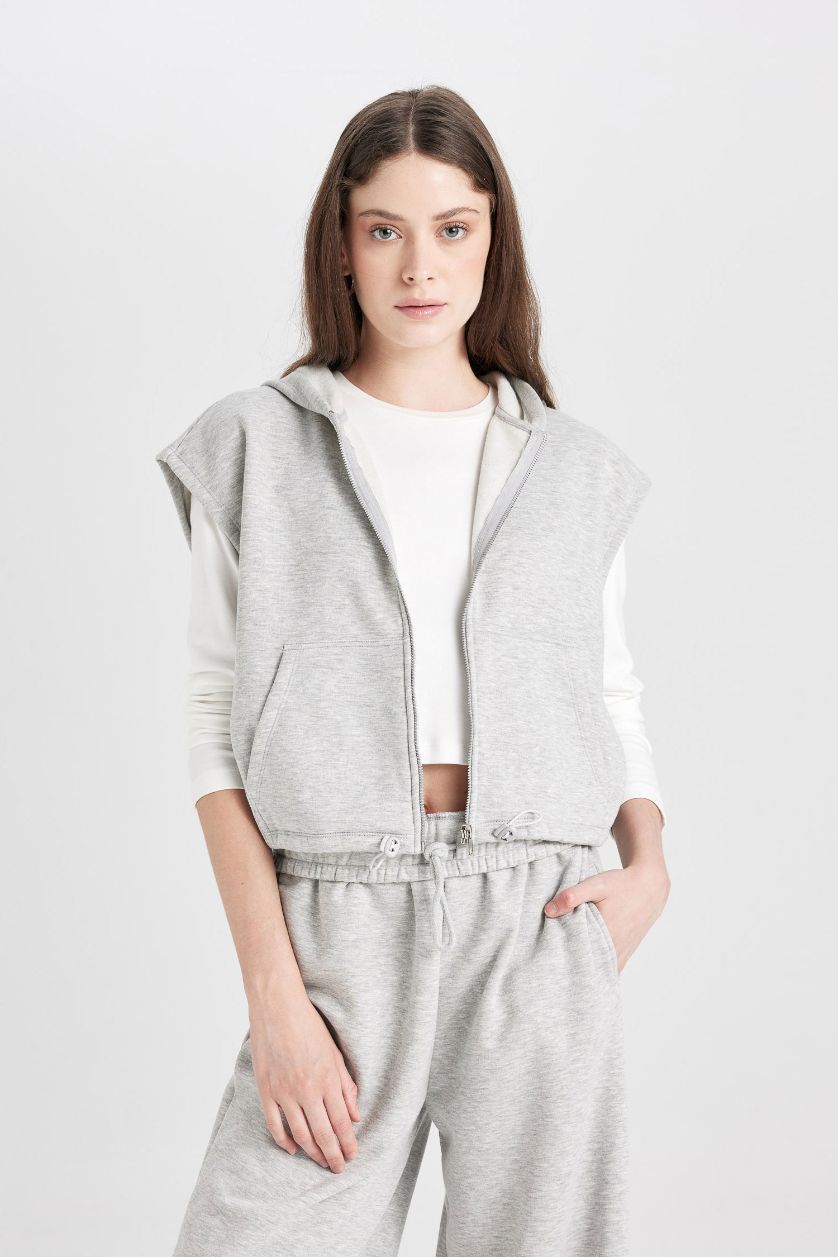 Kadın Gri Melanj Loose Fit Basic Düz Kanguru Cepli Kolsuz Fermuarlı Sweatshirt