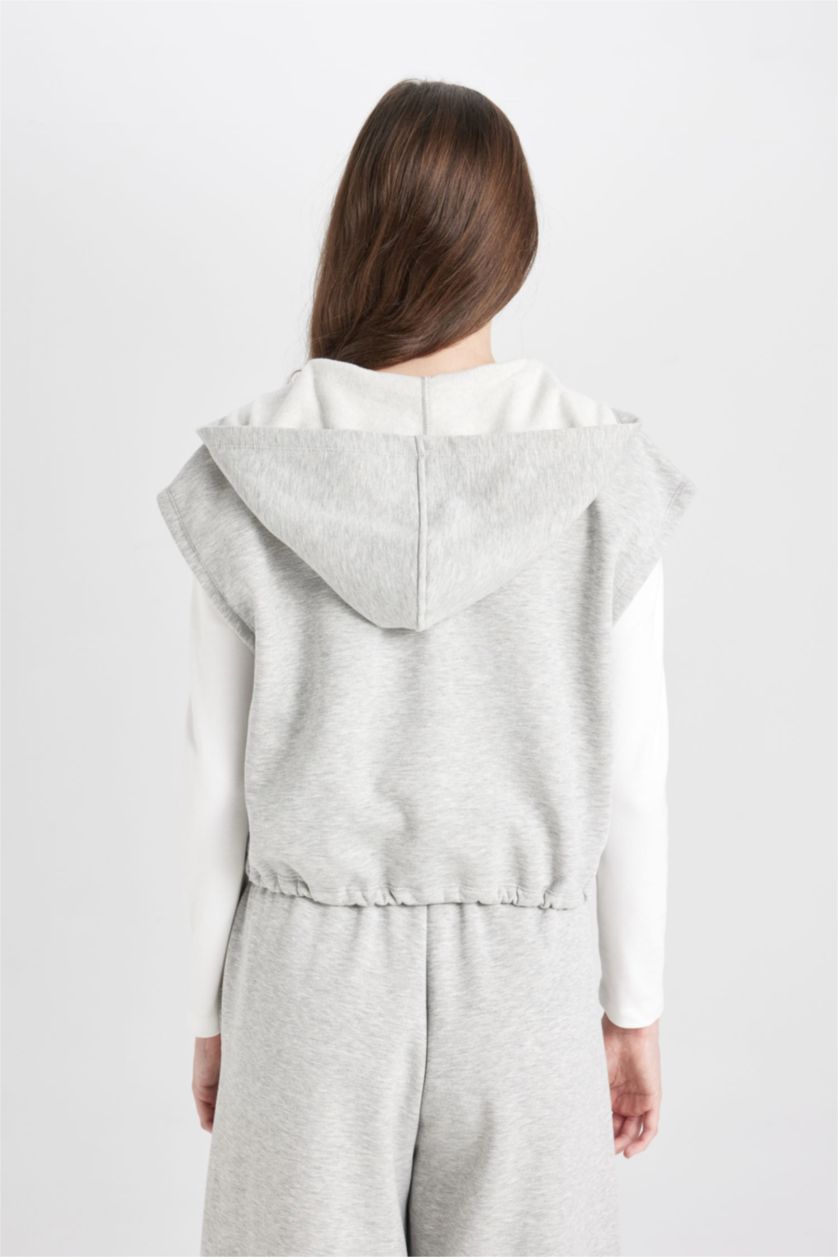 Kadın Gri Melanj Loose Fit Basic Düz Kanguru Cepli Kolsuz Fermuarlı Sweatshirt