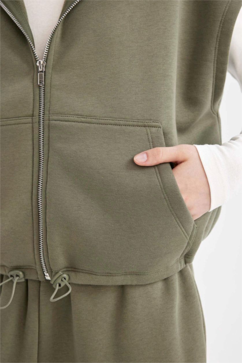 Kadın Haki Loose Fit Basic Düz Kanguru Cepli Kolsuz Fermuarlı Sweatshirt