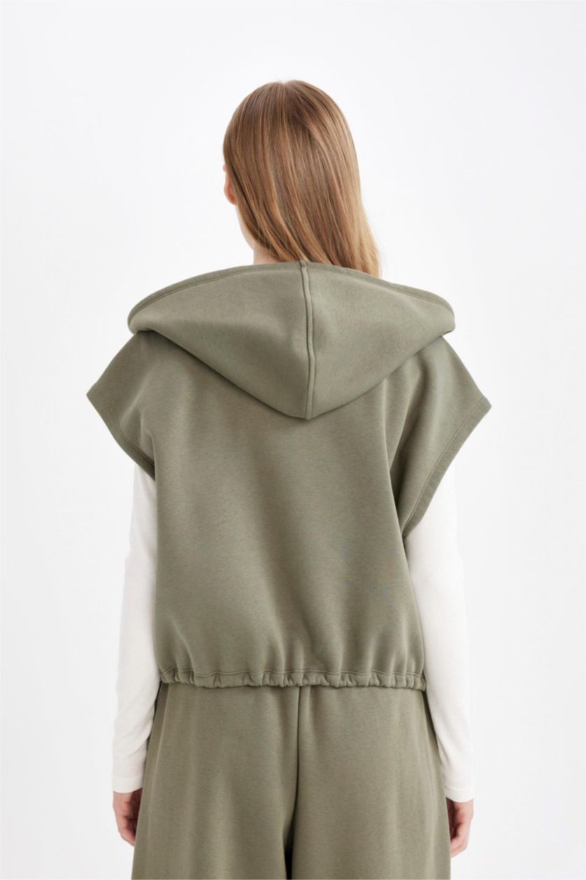 Kadın Haki Loose Fit Basic Düz Kanguru Cepli Kolsuz Fermuarlı Sweatshirt